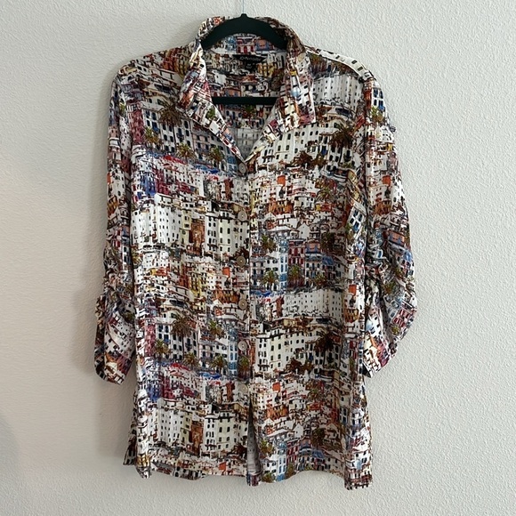 John Mark Multicolor Travel-Inspired Tunic Top | Wire Collar | Size Medium - Picture 2 of 8